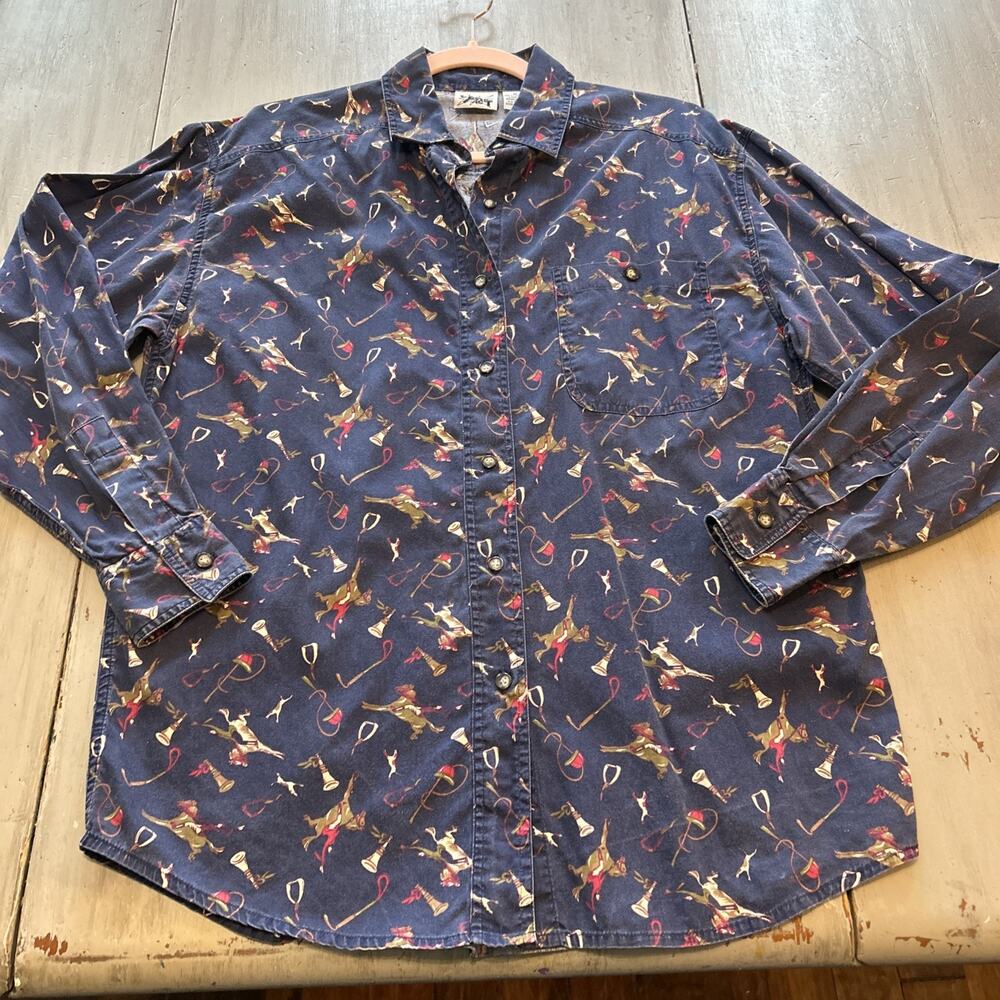 Vtg Sudden Impact Blue Red Horse Fox Hunt Equestrian Print Button Down Shirt M